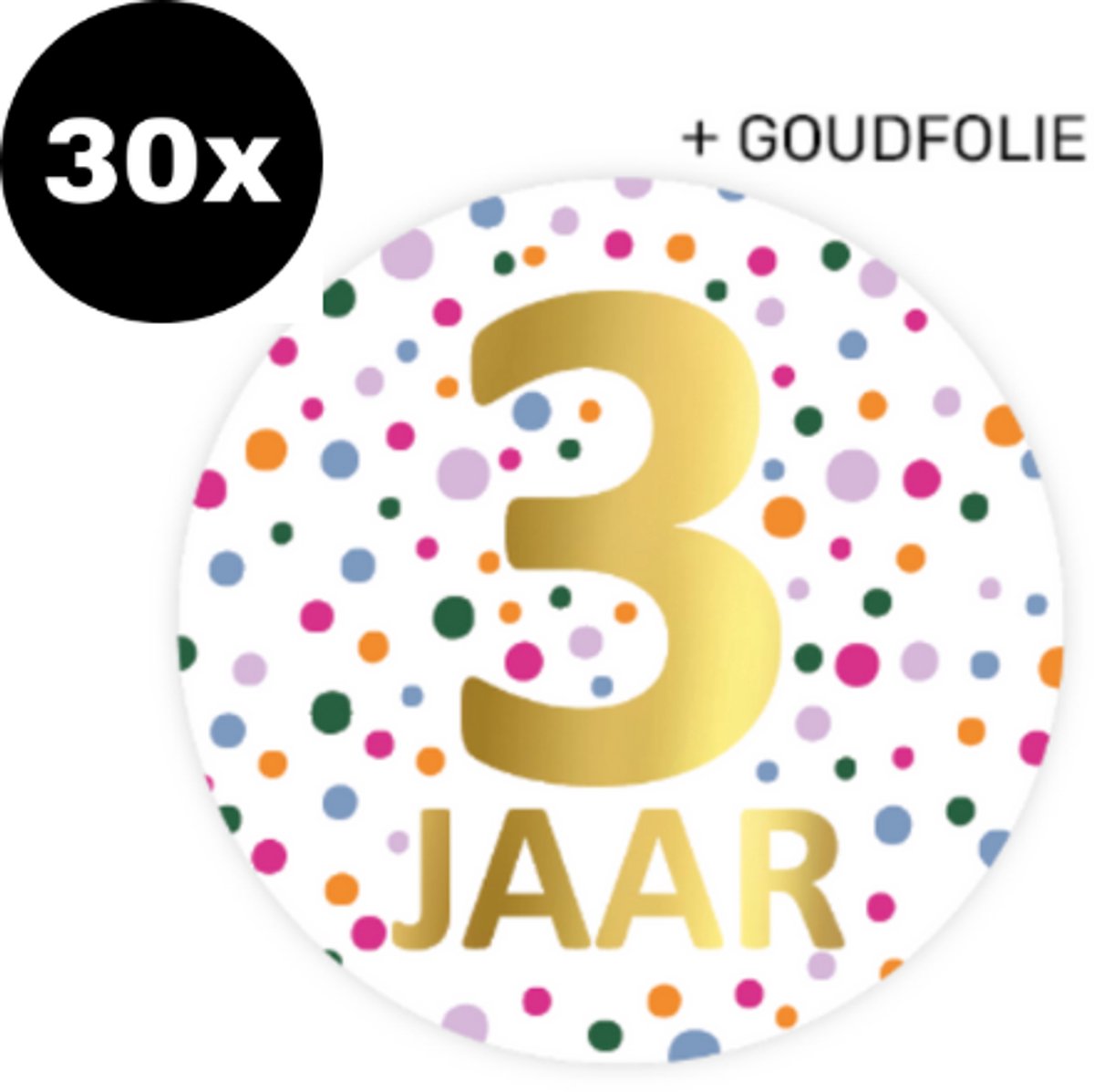 30x ZOETTT Sluitsticker Hoera 3 jaar! | Confetti | 50 mm | Traktatiesticker Hoera | Cadeausticker | Sluitzegel | Sluitsticker | Traktatie - Verjaardag - Feest | Kinder traktatie